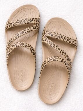 CROCS Women's Leopard Triple-Strap Slide Sandal - Beige/Tan